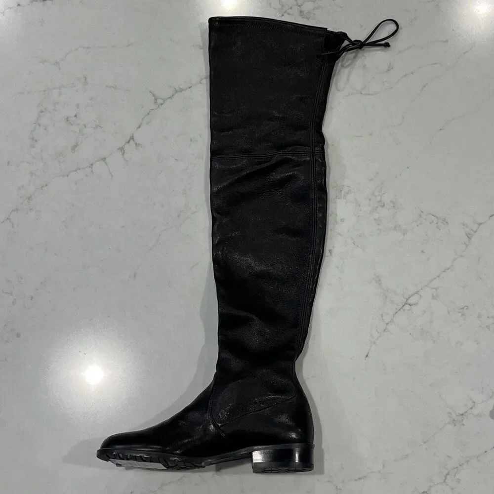 Stuart Weitzman Over Knee‎ Boots Black Leather Womens Sz 4 Low Stacked Heel